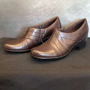 Clarks Hope Roxanne Women's Dark Brown Leather Side Zip Wedge Ankle Bootie Shoes